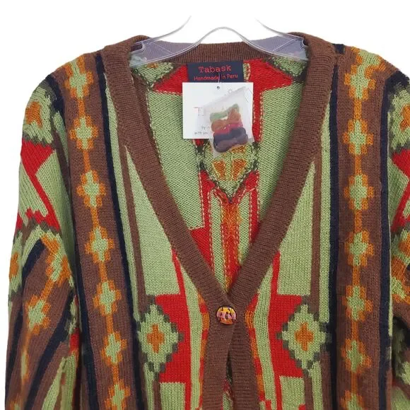 New Tey-Art ALPACA Sweater Large Cardigan Aztec Southwestern 1 Button Tabask - Picture 3 of 7